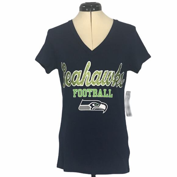NFL Tops - NFL Seattle Seahawks V-Neck Tee Navy Green Small